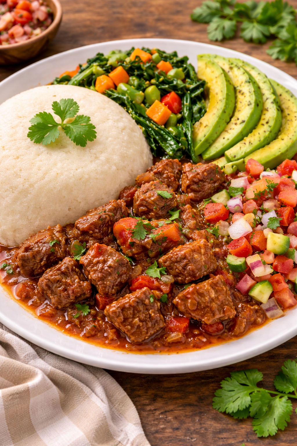 KAWUNGA, BEEF STEW, VEGGIES,AVOCADO, KACUMBARI